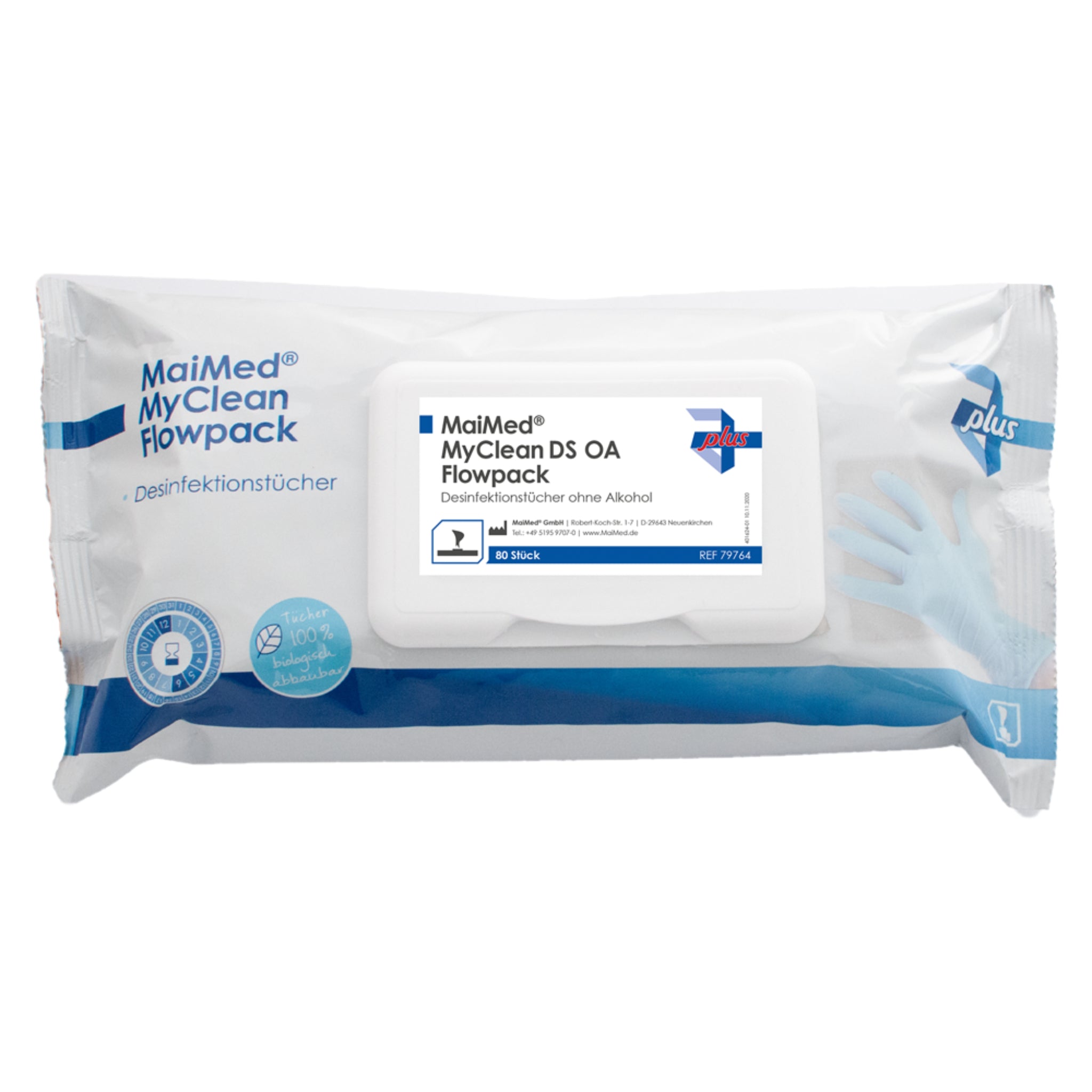 MaiMed MyClean® DS OA Flowpack alkoholfreie Desinfektionstücher, 80 Tücher pro Packung, ideal für hygienische Reinigung in Kliniken, Praxen und Pflegeheimen, wirksam gegen Viren und Bakterien, VAH-gelistet und geeignet für empfindliche Oberflächen wie Acrylglas.